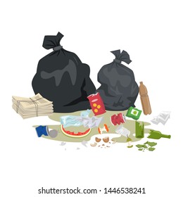 Garbage bags and trash on white background. Ecology and recycle concept. Vector illustration.