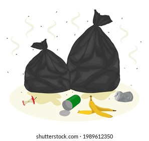 Garbage bags with waste around. Vector flat illustration