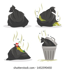 Garbage bags with waste set, full litter containers. Vector flat style cartoon garbage illustration isolated on white background