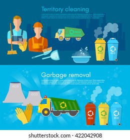 Garbage banner garbage sorting scavenger team sorting waste for recycling separation of waste on garbage bins vector 