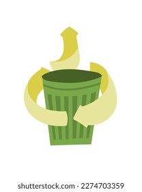 Garbage bin with arrows around it as a symbol of trash upcycle and dream of zero waste living