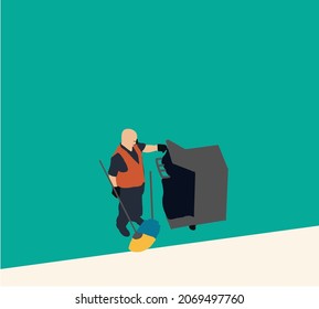 Garbage Bin Collection. Waste Collector With Rubbish And Trash. Cleaning service Vector illustration. 