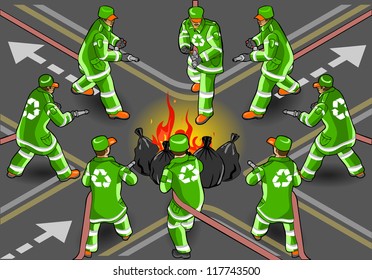 Garbage bin Collector People dumpster Collection. 3D Flat Icon Set. Isometric trash collect & storage Fleet of Sanitation city Department Man. Rubbish can for Recycle Industry vector sign & symbol