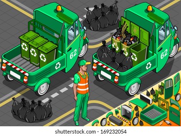 Garbage bin Collector People dumpster Collection. 3D Flat Icon Set. Isometric trash collect & storage Fleet of Sanitation city Department Man. Rubbish can for Recycle Industry vector sign & symbol