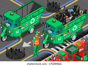 Garbage bin Collector People dumpster Collection. 3D Flat Icon Set. Isometric trash collect & storage Fleet of Sanitation city Department Man. Rubbish can for Recycle Industry vector sign & symbol
