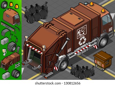 Garbage bin Collector Truck dumpster Collection. 3D Flat Icon Set. Isometric trash collect & storage Vehicle Fleet of Sanitation city Department. Rubbish can for Recycle Industry vector sign & symbol