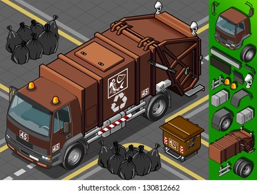 Garbage bin Collector Truck dumpster Collection. 3D Flat Icon Set. Isometric trash collect & storage Vehicle Fleet of Sanitation city Department. Rubbish can for Recycle Industry vector sign & symbol