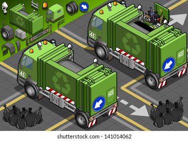 Garbage bin Collector Truck dumpster Collection. 3D Flat Icon Set. Isometric trash collect & storage Vehicle Fleet of Sanitation city Department. Rubbish can for Recycle Industry vector sign & symbol