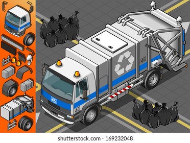 Garbage bin Collector Truck dumpster Collection. 3D Flat Icon Set. Isometric trash collect & storage Vehicle Fleet of Sanitation city Department. Rubbish can for Recycle Industry vector sign & symbol