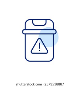 Garbage bin and exclamation mark in triangle. Hazardous waste, toxic trash warning. Proper disposal and management notice. Pixel perfect, editable stroke icon