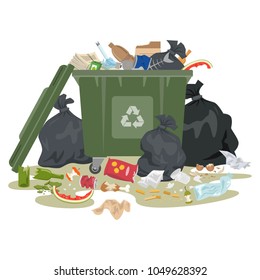 Garbage bin full of trash on white background. Ecology and recycle concept. Vector illustration.