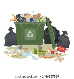 Garbage bin full of trash on white background. Ecology and recycle concept. Vector illustration.