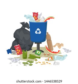 Garbage bin full of trash on white background. Ecology and recycle concept. Vector illustration.