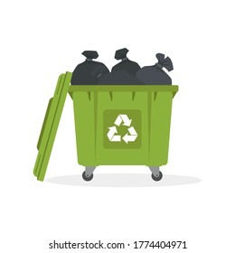 Garbage bin full of trash on white background. Ecology and recycle concept. Vector illustration.