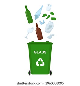 Garbage bin with glass waste, recycling garbage, vector illustration