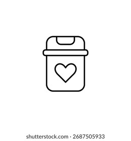 Lixeira e coração. Gestão de resíduos ecológicos, reciclagem e cuidados ecológicos. Pixel perfeito, ícone de vetor de traçado editável