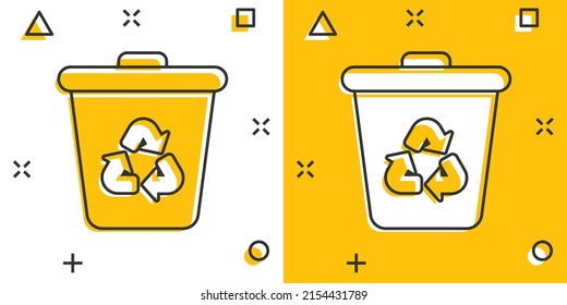 Garbage bin icon in comic style. Recycle cartoon vector illustration on white isolated background. Trash basket splash effect sign business concept.