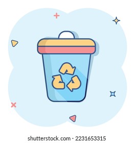 Garbage bin icon in comic style. Recycle cartoon vector illustration on white isolated background. Trash basket splash effect sign business concept.