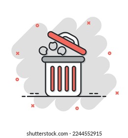 Garbage bin icon in comic style. Recycle cartoon vector illustration on white isolated background. Trash basket splash effect sign business concept.