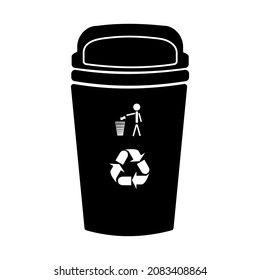 Garbage bin icon isolated on white background. Black trash can sign. Wastebasket symbol. Silhouette of dustbin for rubbish with recycle logo. Waste, litter or refuse box. Stock vector illustration