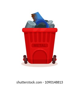 Garbage bin for metal waste. Red plastic container with two wheels. Flat vector icon related to trash sorting theme