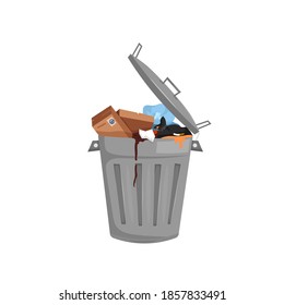 Garbage bin. Overflowed waste container. Plastic, glass, paper.  Pictogram, icon, sign. Ecology, environment concept. Editable vector illustration in flat simple style isolated on a white background