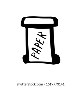 Garbage bin for paper. Separation of garbage into Zero waste. Eco. Recycling concept. Lettering text paper. Hand drawn vector outline illustration in doodle style isolated on white background.