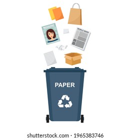 Basura con residuos de papel, reciclado de basura, ilustración vectorial