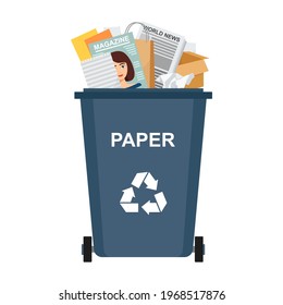 Garbage bin with paper waste, recycling garbage, vector illustration