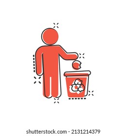 Garbage bin with people icon in comic style. Recycle cartoon vector illustration on white isolated background. Trash basket splash effect sign business concept.