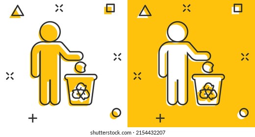 Garbage bin with people icon in comic style. Recycle cartoon vector illustration on white isolated background. Trash basket splash effect sign business concept.
