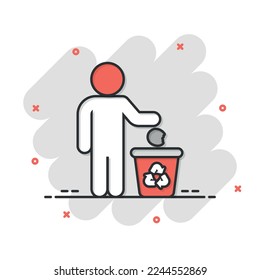 Garbage bin with people icon in comic style. Recycle cartoon vector illustration on white isolated background. Trash basket splash effect sign business concept.