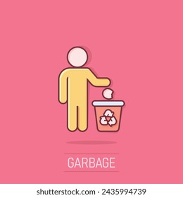 Garbage bin with people icon in comic style. Recycle cartoon vector illustration on isolated background. Trash basket splash effect sign business concept.