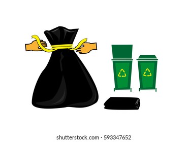 Garbage bin with plastic black bag being disposed. Editable Clip Art.