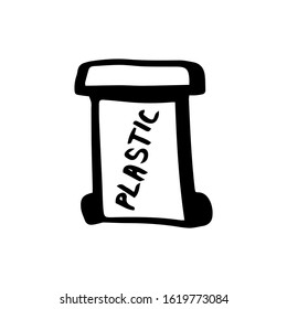 Garbage bin for plastic. Separation of garbage into Zero waste. Eco. Recycling concept. Lettering text plastic. Hand drawn vector outline illustration in doodle style isolated on white background.