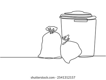 Garbage bin and plastic trash bag in continuous one line drawing. Minimalist environment concept on waste management.