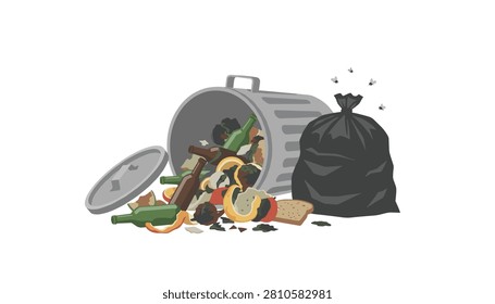Garbage bin with spilled trash including glass bottles and food scraps creating a messy refuse heap on a clean white background.