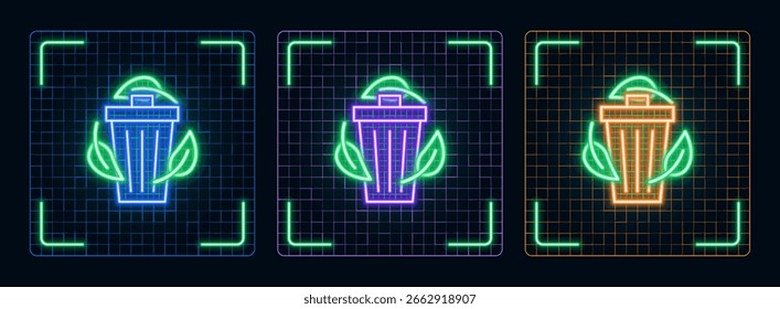 Ilustración de icono de sostenibilidad de papelera, colección de símbolo de Vector de entorno verde de ecología, visual de neón cibernético, marcos de bordes brillantes.	
