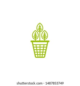 Garbage bin, trash can, wastebasket with leaves. eco line icon. Reuse, clean, smart waste and recycle. organic waste.  Ecology  line pictogram isolated on white.
