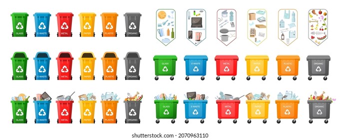 Garbage bins. Big Set of plastic containers for garbage of different types. Waste management concept. Types of Waste: Organic, Plastic, Metal, Paper, Glass, E-waste. Separation of waste on cans Vector