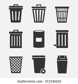 Garbage bins and buckets vector icon set. Silhouette of a trash can isolated from the background. Signs waste containers. 