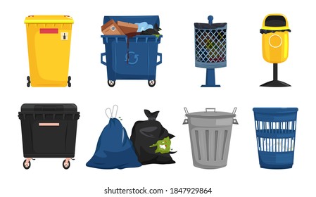 Garbage bins collection. Waste containers set. Pictogram, icon, sign. Ecology, environment concept. Editable vector illustration in flat simple style isolated on a white background