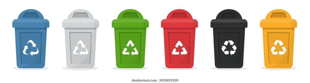 Garbage bins containers in a flat design with recycle symbols. Plastic containers for garbage of different types. Trash cans collection