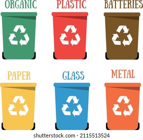 Cubos de basura o contenedores para la clasificación y el reciclado de residuos. Ilustración vectorial de dibujos animados planos