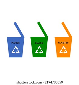 Garbage bins in different colors with paper, plastic, glass, recyclable. Waste segregation, waste sorting, waste management. Vector illustration with isolated background.