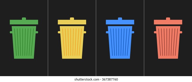 Garbage bins in different colors to recycle. Dark background. Vector