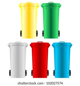 Garbage bins with four different colors over white