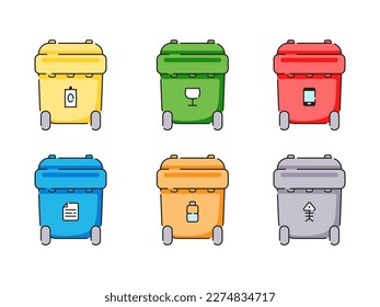 Garbage bins set. Cartoon vector waste cans with separate recycling icons. Trash cans collection. Vector isolated plastic containers on white background.