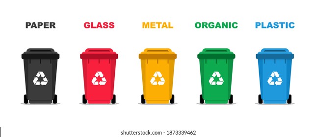 Garbage bins set. Colorful trash cans with recycling icon. Waste sorting. Containers for sorting paper, glass, metal, organic, plastic. Vector illustration.