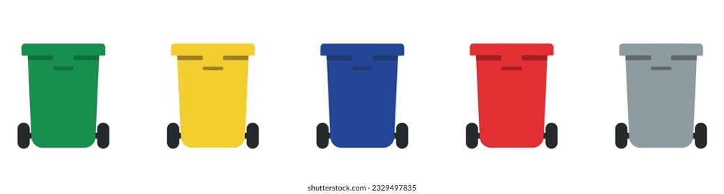 Mülltonnen-Set. Farbige Abfalldosen mit Recyclingsymbol. Abfallsortierbehälter. Vektorgrafik.